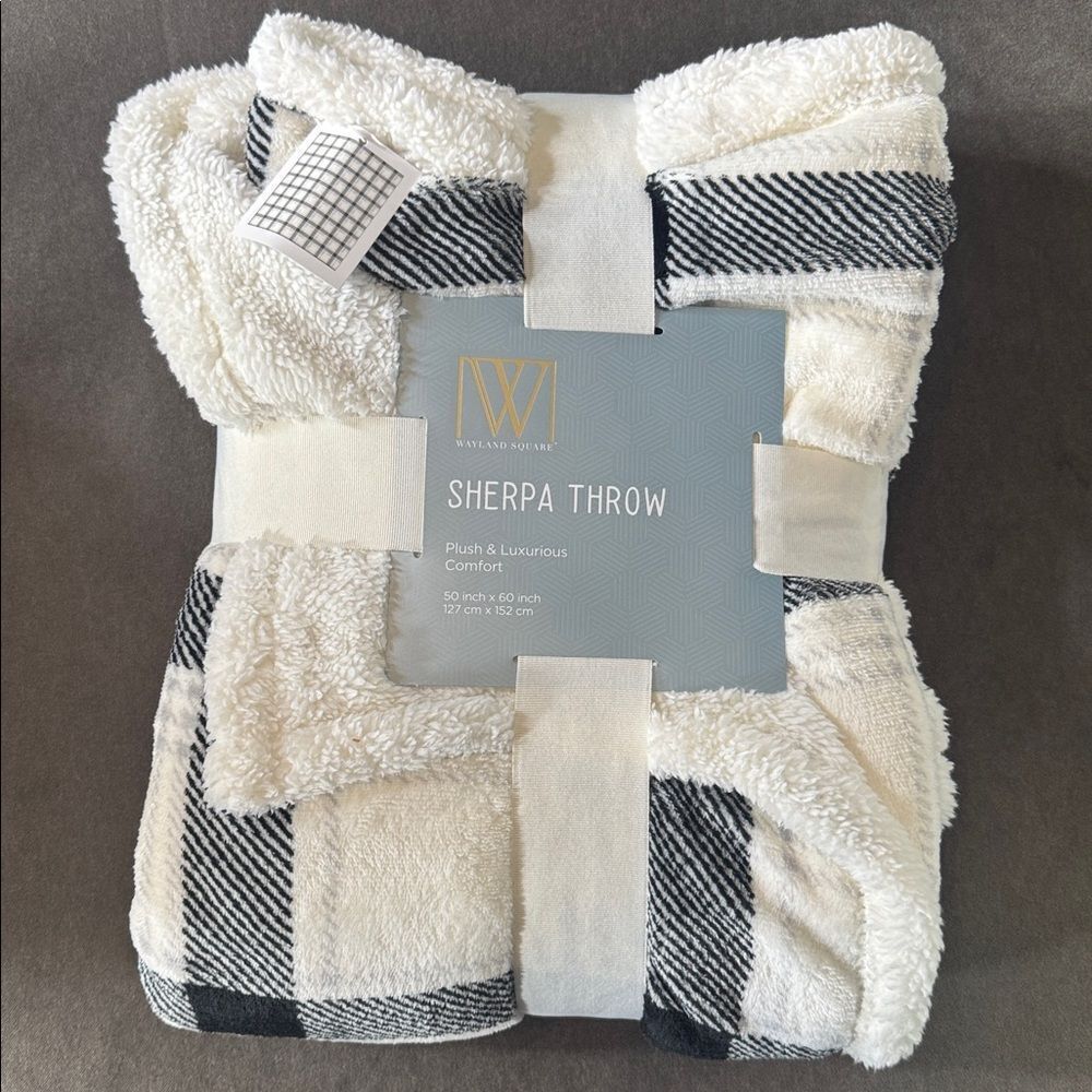 Wayland Square Sherpa Throw Blanket Black & White Plaid 50x60” NEW